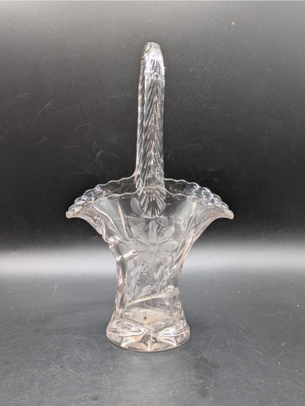 Vintage Duncan Miller Cornflower Clear Cut Etched Glass Bride's Basket Vase 9"